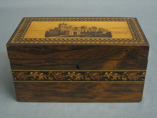 A handsome Victorian rosewood and Tonbridge ware twin compartment tea caddy, the lid inlaid a castle scene 8 1/2" (some minor cracks to lid)