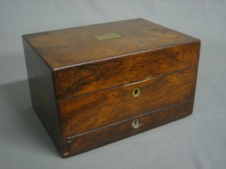 A Victorian rosewood vanity box with hinged lid, the base fitted 4 bottles, 12"