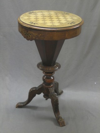 A Victorian cylindrical bleached walnut work box of conical form, raised on pillar and tripod supports 17"