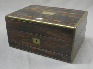 A Victorian Coromandel trinket box with hinged lid and brass banding 11"