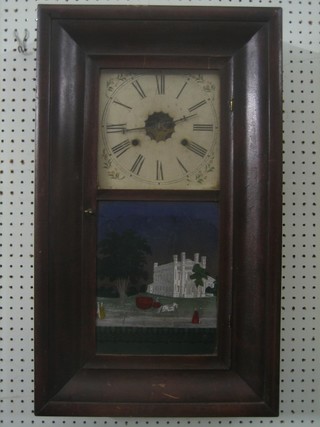 A 19th Century American striking 30 hour wall clock by the Newhaven Clock Company contained in a wooden case, door painted a scene with a noble house