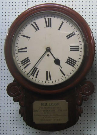 A Victorian drop dial fusee wall clock, the 14" circular painted dial with Roman numerals and having a 4 1/2" plain back plate, contained in a mahogany case with brass plaque marked M.U.I.O.IOF, presented to the Loyal City of Rochester Lodge No. 6144 by Members to commemorate the 21st Anniversary of its Formation, February 1st 1897