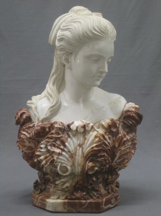 A handsome  carved two colour marble head and shoulders portrait bust of a young lady, raised on a carved lozenge shaped base 26"
