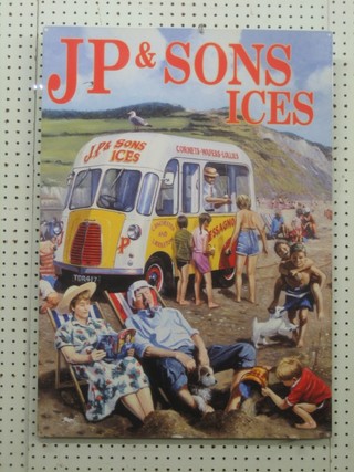 A large metal reproduction advertising sign J P & Sons Ice 28" x 19"