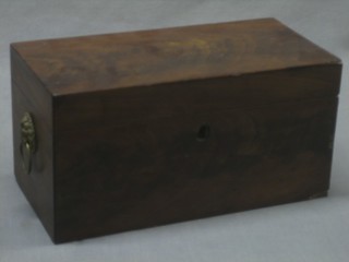 A 19th Century mahogany twin compartment tea caddy with hinged lid and lion mask handles 12" (missing mixing/sugar bowl)