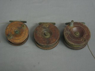 3 19th Century wooden centre pin fishing reels 3 1/2"