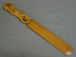 A wooden paper knife with inlaid parquetry handle 11"