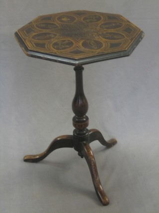 A 19th Century octagonal mahogany wine table, the top painted classical figures and raised on pillar and tripod supports 18"