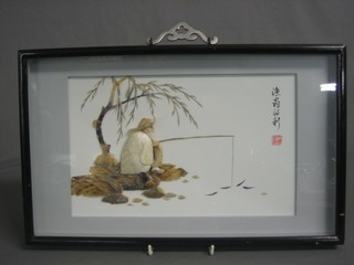 An Oriental carved hardstone picture of a fisherman 7" x 11"