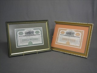 A framed New York Chicago and St Louis Railway share certificate for $100 together with 1 other for $10