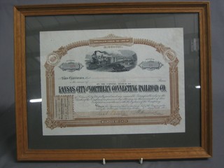 A framed Railway share certificate for the Kansas City and Northern Connecting Railroad