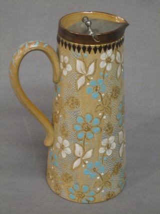 A Doulton & Salter salt glazed jug with metal mounts 8 1/2"