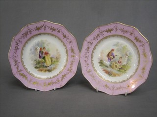 A pair of "Meissen" porcelain plates, the reverse with crossed sword mark and impressed 133 3 decorated Romantic scenes within puce and gilt banding, 8"