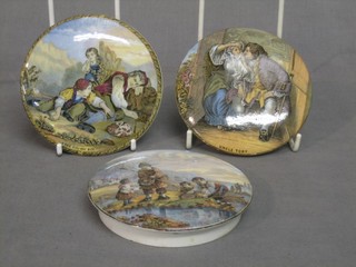 3 19th Century Prattware pot lids - Uncle Toby, Shrimping and I See You Boy