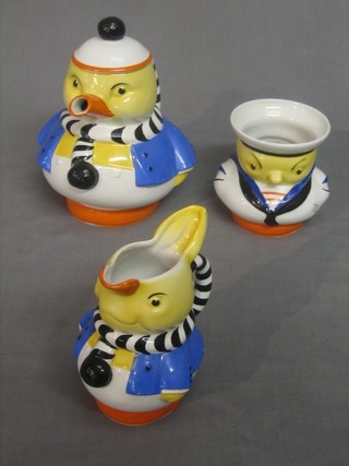 A Shelley, Mabel Lucie Attwell 3 piece pottery tea set in the form of Sailor Ducks comprising teapot, sugar bowl (chip to base) and cream jug, RD745513
