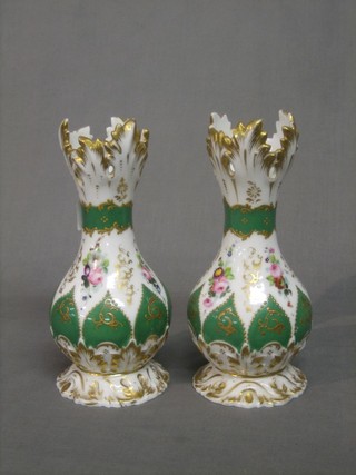 A pair of 19th Century Continental club shaped vases with green gilt and floral decoration 8 1/2"