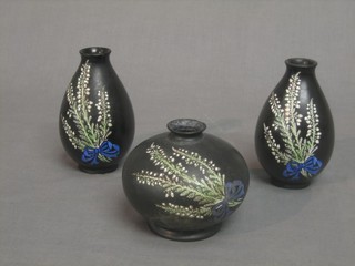 A Shelley pottery garniture comprising a globe shaped vase 3" (chip to rim) and 2 club shaped vases with floral decoration 4", bases marked Shelley 791 8187