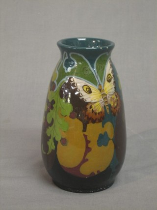 A Vilider Gouda vase with butterfly and floral decoration, the base marked 344Vilider Nora-Gouda 6" (cracked)
