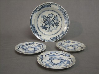 An 18th/19th Century Oriental porcelain blue and white plate with floral decoration 9" together with 3 circular Oriental blue and white plates, the reverse with 6 character mark 6"