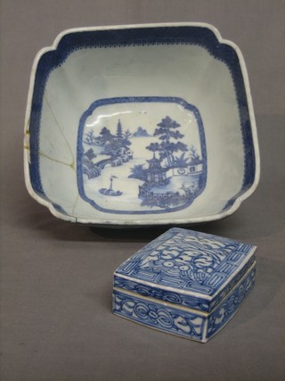 A square Oriental blue and white porcelain bowl 10" and a rectangular blue and white jar and cover 4 1/2"