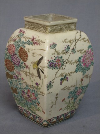 A Japanese Satsuma square porcelain vase decorated birds amidst branches 5" (slight chip to side)