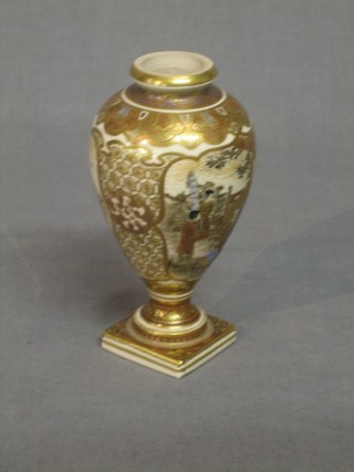 A 19th Century Japanese Satsuma porcelain club shaped vase, raised on a square base, signed 4"