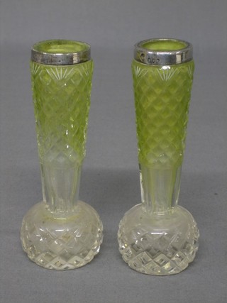 A pair of Vaseline tinted cut glass club shaped vases 4 1/2" with silver collars
