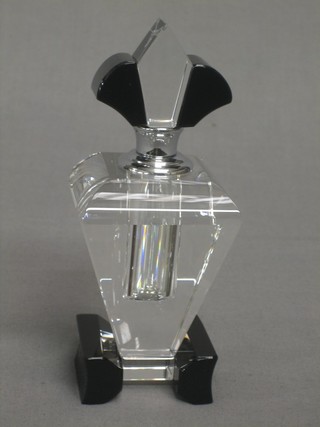 A square Art Deco style glass scent bottle and stopper of waisted form 5"