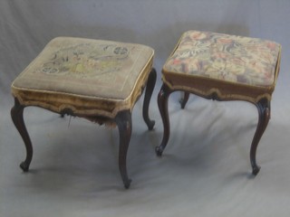 A pair of Victorian mahogany square show frame stools with Berlin wool work seats, raised on cabriole supports