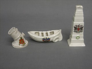 A crested model of the Cenotaph decorated the Arms of The City of London, a Carlton crested model of a search light - Arms of Leicester and a model of a life boat - Arms of Blackpool