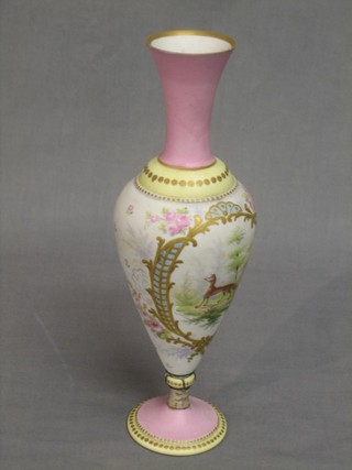 A Victorian bisque porcelain trumpet shaped vase decorated a fox (f and r) 10"