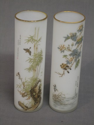A pair of Oriental cylindrical glass vases decorated birds amidst branches 8"