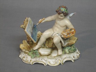 A Continental porcelain figure group of a cherub painting 6"