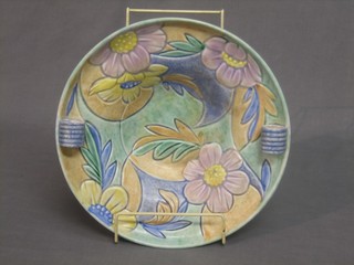 An Art Deco Beswick green pottery and floral patterned bowl, the base marked 123M 12"