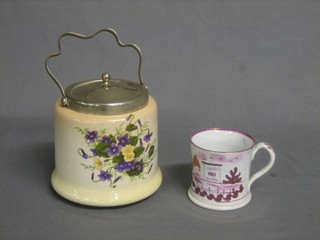 A circular pottery biscuit barrel with silver plated mounts 5" and a 19th Century lustre mug 3"
