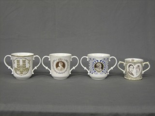 3 Royal Doulton commemorative Royal twin handled loving cups and 1 other decorated Baroness Thatcher