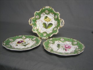 A 19th Century 3 piece porcelain dessert service with green banding and floral decoration - twin handled dish 9" and 2 plates 9"