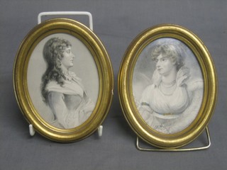 A monochrome portrait miniature "Her Royal Highness The Princess of Wales" together with 1 other of a noble woman, 5" contained in oval frames