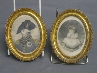 A coloured portrait miniature print "George III" and 1 other 4" oval