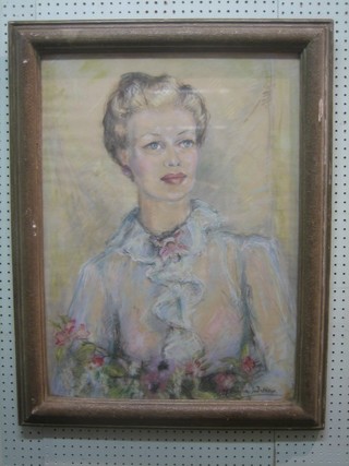 M Forstia-Walker, head and shoulders gouache portrait "Young Lady" 29" x 21" the reverse with Roley Gallery label