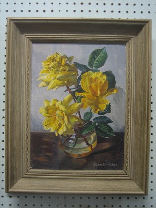 Gwen Whicker, oil on board, still life study "Vase of Yellow Roses" 11" x 8 1/2"