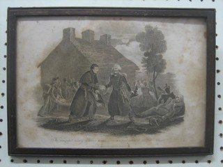 19th Century monochrome print "The Unexpected Meeting of The Lord Wellington and Blucher" 7" x 10" (some foxing)