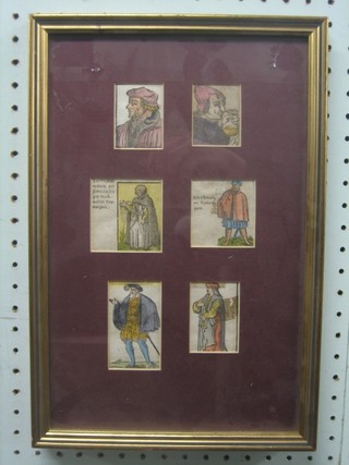 6 wood cuts "Figures From Canterbury Tales?" approx. 2 1/2" x 2" contained in 1 frame