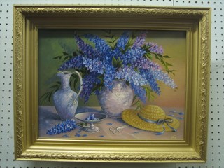 20th Century Russian School oil on canvas, still life study "Vase of Flowers in a Lady's Straw Hat" 11" x 15" inscribed to the reverse