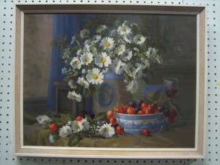 J V Rockingham, oil on board, still life study "Cherries and Daisies" 13 1/2" x 17"