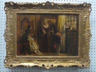 19th Century oil on board "Tudor Interior Scene with Figures" inscribed to the back and dated 1891 10" x 15"