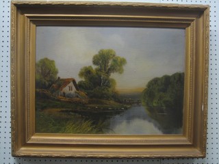 19th Century oil on board "River Scene with Cottage" 15" x 21"