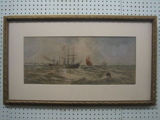 Edouard Adams 19th Century watercolour drawing "Three Masted Merchant Ship with Steamer in Distance" signed and dated 1872 8 1/2" x 20"