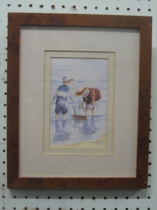 F Whitaker, watercolour drawing, "Two Victorian Children Playing with Model Yacht" 6" x 4"