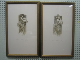 A pair of monochrome artists proof etchings "Standing Ladies - Enjueno 1 and 2" 10" x 5"